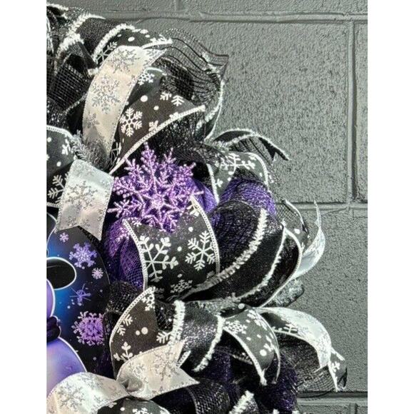 Christmas Snowman Wreath Black and Purple Winter Door Decor Handmade 24 inch - Picture 3 of 5